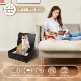 Cat Litter Box, Portable Enclosed Litter Box with Lid, Foldable Leakproof Travel Litter Boxes for Travel Hotel Stays and Road Trip, 600D Oxford Cloth (Black)