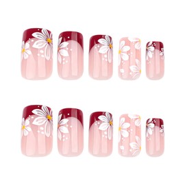 Red French Tip Press on Nails Short Square Fake Nails Flowers False Nails Spring Acrylic Nails Floral Artificial Nails Glossy Glue on Nails Press ons for Women Girls Manicure Nails Decoration 24Pcs