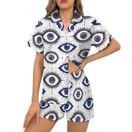 Delerain Evil Eye Womens Pajama Sets 2-Piece Short Sleeve Sleepwear Soft Satin Button Down Loungewear Pjs Shorts Set, M