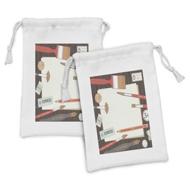 Ambesonne Art Fabric Pouch Set of 2, Eraser Royal Brush Pencil Sharpener and Stamp Palette Painters Materials Schooling, Small Drawstring Bag for Toiletries Masks and Favors, 9" x 6", Multicolor