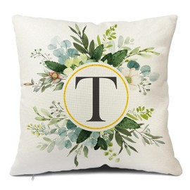 Snylcee Monogram Letter T Throw Pillow Covers Floral 18x18 Inch, Greenery Spring Pillows Decorative Throw Pillows Pillowcase Summer Farmhouse Decor for Couch Sofa, Family Last Name Initial Pillow Case