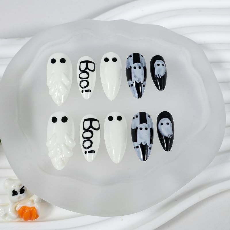 30Pcs Halloween Press on Nails Medium Almond Fake Nails with