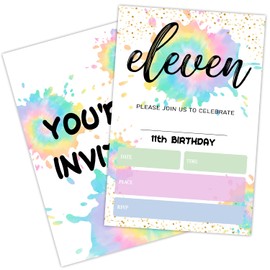 GaNiao 11th Birthday Party Invitation Cards for Boys Girls Teens Children Watercolor Rainbow Tie Dye Birthday Invites Party Supplies Favors Decorations Invites for Kids 20 Pcs with Envelopes - JK0500