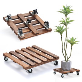 2 Pack Plant Stand with Wheels, 14" Rolling Plant Stand 264 LBS Heavy Duty Wooden Square Plant Caddy with Metal 360° Lockable Caster Wheels for Outdoor Indoor Large Plant Pots, Flower Pot, Patio