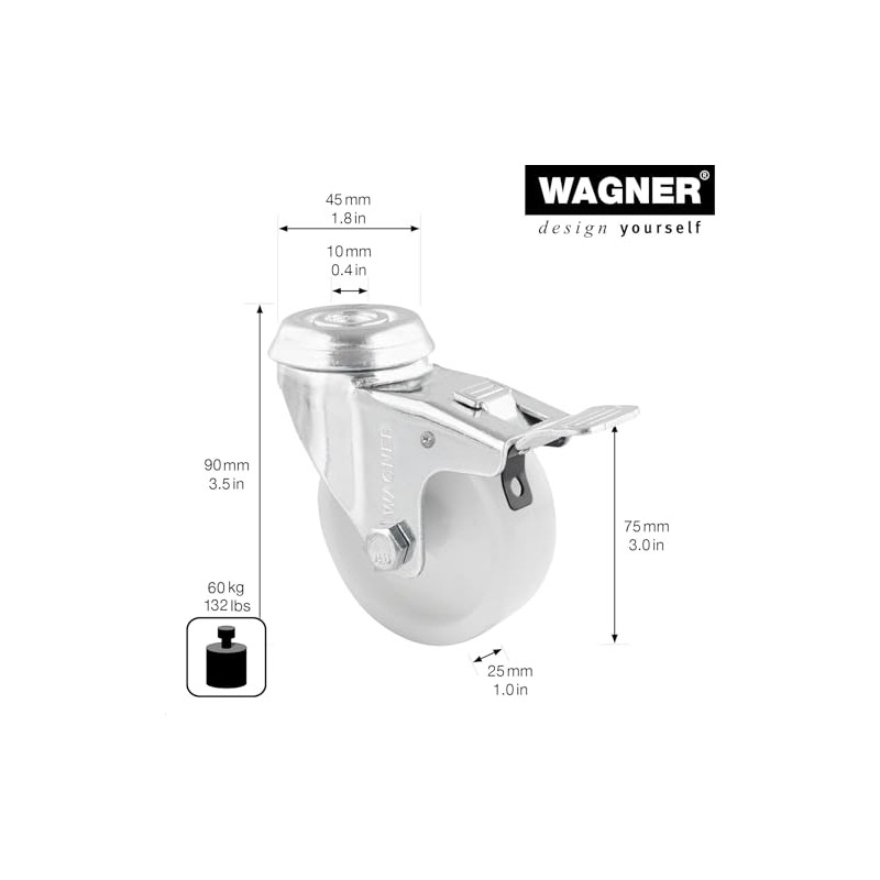 WAGNER Swivel Castor with Back Hole Diameter 75 mm Height