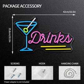 Runalosa Drinks Neon Sign Dimmable Cocktail Neon Light Sign for Wall Decor Blue Pink Letters Led Signs for Bar Party Man Cave Pub Restaurant Bistro Room Decor Gift for Boys 16.5" x 10.2"