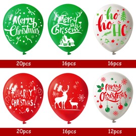 FEPITO 100 x Christmas Party Balloons, 12 Inches, White, Red and Green Latex Christmas Balloons, 6 Merry Christmas Style for Christmas Decoration, Party Supplies