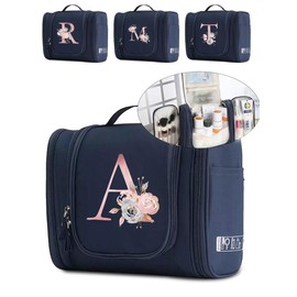 Initials Letter & Floral Pattern Makeup Bag, 1 Count Waterproof Cosmetic Bag, Toiletries Bag, Zipper Makeup Organizer Pouch, Versatile Storage Bag for Travel, Gym, Office, Home, Travel Essentials - Color: Navy Blue, Size: Letter-B