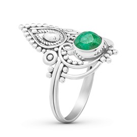 Koral Jewelry Round Created Emerald Ethnic Ring 925 Sterling Silver Vintage Tribal Gipsy Boho Look (8)