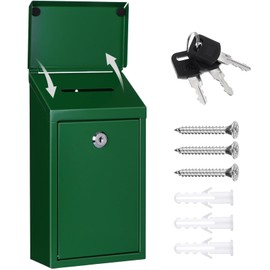 Metal Donation Box Charity Steel Collection Box Office Suggestion Secure Mailbox with Top Slot and Lock with Keys Wall Mount 10.24 x 5.63 x 2.76 inches Waterproof Mailbox for Home Office (Green)