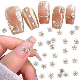 3D White Pearl Flower Nail Charms Cute Pearls Flowers for Nails Design Floral Nail Charm Small Flower Nail Art Charms Nail Rhinestones Manicure Decor Accessories Flatback Charms for Crafts,10pcs