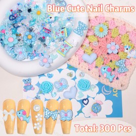 300 Pcs Blue Charms for Junk Cases, Cute Resin Nail Candy Flower Charms, 3D Mix Assorted Pearls Nail Charms, Multi Shapes Flower Bow Star Heart Junk Case Charms for Nail Art DIY Crafts Accessories