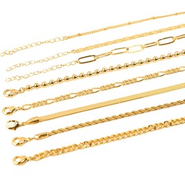 AWARDSEN 8 Piece Adjustable Chain Jewellery Set, Bracelet Women's Gold 14K Gold-Plated, Stackable Chain Bracelets for Women, No Gemstone