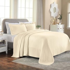 Cottage Core Country Design Raised Matelasse Woven Texture Cotton Bedspread Twin Size 2 Piece Set | Farmhouse Bedding Ivory White Color All Seasons Soft Plush Cozy Hotel Formal Luxury Look
