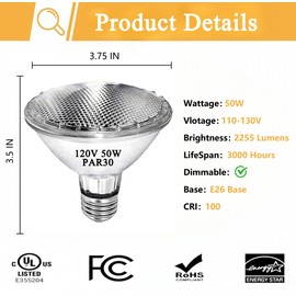 Lachesan Par30 Short Neck Halogen Flood Light Bulbs, 50W120V 2700K Warm White Dimmable High Brightness, E26 Base, Great for Accent Lighting, Tracking, Recessed Bulb, 6pcs