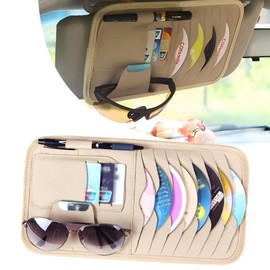 Yumfugu Pack-1 Car CD Holder, Universal Leather Sun Visor Organizer for Cars, Sun Visor Organizer Pocket with CD Disc Card Package Glasses Storage (Beige)