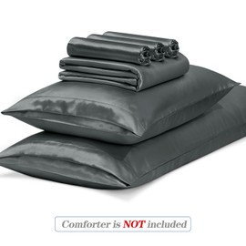 MILVOWOC 6 Pcs Dark Grey Satin Duvet Cover Full/Queen Size Set, Silky Bed Duvet Cover Ultra Soft Comforter Cover, 1 Satin Duvet Cover, 1 Body Pillowcase, 4 Pillow Cases (No Comforter)
