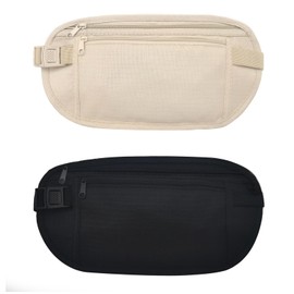FuninCrea Waist Bags, Nylon Bum Bag, Chest Pouch Hidden for Women and Men, Anti-Theft Belt Bag Under Clothing with Adjustable Buckle and Elastic Band for Running (Black + Khaki)