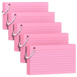 250 Count Pink Index Cards 3x5 Inch with Key Ring, Color Flash Index Card (50 Sheets Each), Durable & Portable Note Taking for Students, Teachers, Study Note Cards for Office, Home School