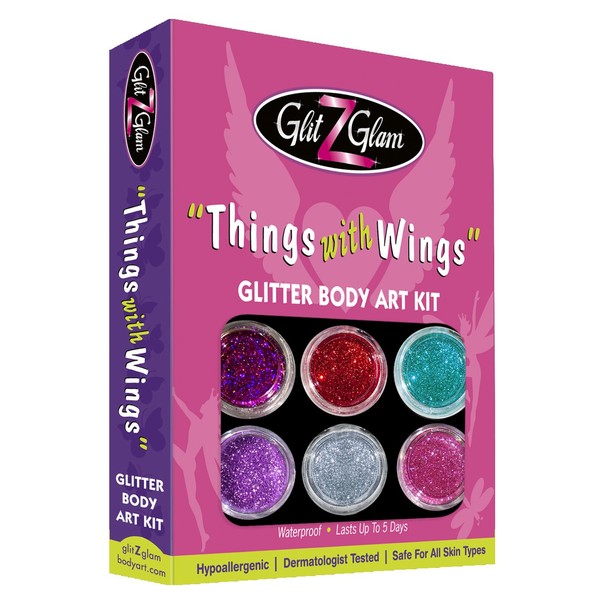 Glitter Tattoo Kit THINGS WITH WINGS -HYPOALLERGENIC and DERMATOLOGIST TESTED! -with 6 Large Glitters & 12 Stencils for Temporary Tattoos by GlitZGlam
