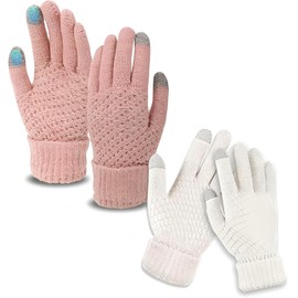 2 Pairs Touchscreen Winter Gloves, Thermal Knitted Gloves with Warm Elastic Cuff, Fleece Lined for Women Cold Weather Running Cycling Outdoor