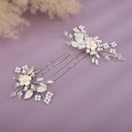 Teyglen Bridal Wedding Flower Hair Pins Crystal Pearl Hair Pins Clips Set Bridal Hair Accessories Gold Silver Leaf Hair Piece for Bride Women Girls (Silver)