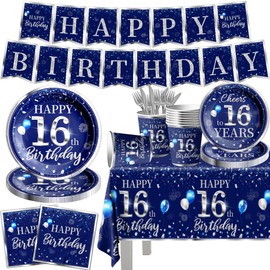 GREHUMOR 142Pcs 16th Birthday Tableware Decorations for Boys Sliver Blue Happy 16 Birthday Party Supplies Disposable Tablecloth,Plates,Napkins,Cups,Forks and Knives for Boys 16th Birthday Party
