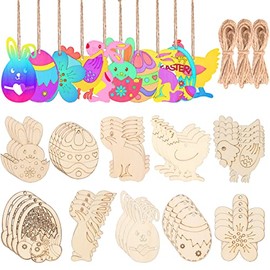 50Pcs Unfinished Wood Easter Ornaments Egg Bunny Chick Flower Cutouts with Holes Wooden Gift Tags Hang Tags Favor Tags Treats Tags with Twines for Kids Easter Party Supplies DIY Crafts Home Decor