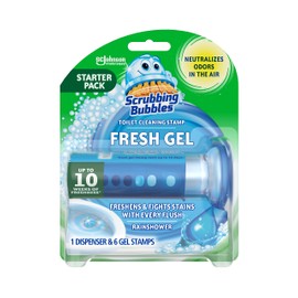 Scrubbing Bubbles Fresh Gel Toilet Bowl Cleaning Stamps, Helps Keep Toilet Clean and Helps Prevent Limescale & Rings, Rainshower Scent, 1 Dispenser with 6 Fresh Gel Stamps