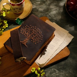 Fausta Vintage Tree of Life Leather Journal with Antique Brass Lock Belt 240 Pages 7" x 5" Writing Leather Journal/Notebook, Deckle Edge Cotton Paper Diary for Men/Women Sketchbook for Drawing, Brown