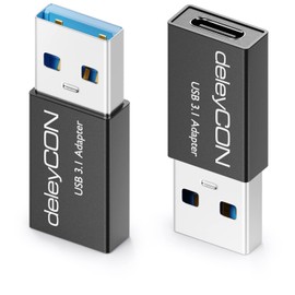 deleyCON USB C Adapter 3.0 (Pack of 2) 5Gbps C to A, for Charging Data Cable Charger Power Bank for iPhone 17 16 15, iPad, AirPods, Watch, Galaxy S26/S25/S24, PC, Tablet, Notebook - Black