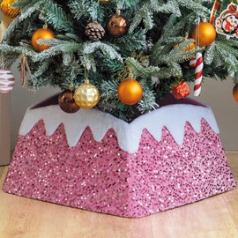 Christmas Tree Collar, 24 Inch Xmas Tree Ring Fabric Square Skirt for Artificial Trees, Snow Cover and Sequin Christmastree Box Collar,Holiday Christmas Home Decor for Decorations (HOT Pink)