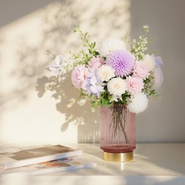 FullMeet Makeup Brush holder Organizer, Crystal Glass Toothbrush Holders, Striped Make Up Brush Holder for Vanity, Pen Holder for Desk, Vase -Pink (S+L)