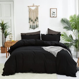 CLOTHKNOW Black Ruffles Twin/Twin XL Comforter Set 3Pcs Farmhouse Bedding Comforter Sets Shabby Chic Boho Comforter with 2 x Pillow Cases