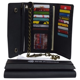 CAZORO USA Motorcycle Chain Wallet for Men – 100% Natural Genuine Leather, Long Trifold RFID Blocking, Credit Card Money Organizer - Men’s Trucker Biker Metal Chain Wallets (Vintage Black)