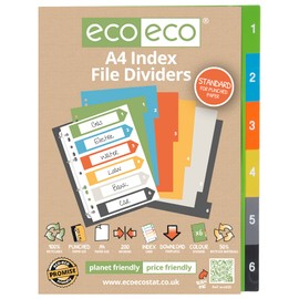 eco-eco A4 50% Recycled Multipunched Reinforced Colour Recycled Set 6 Index File Dividers 200mic (Pack of 4), eco026x4, Standard