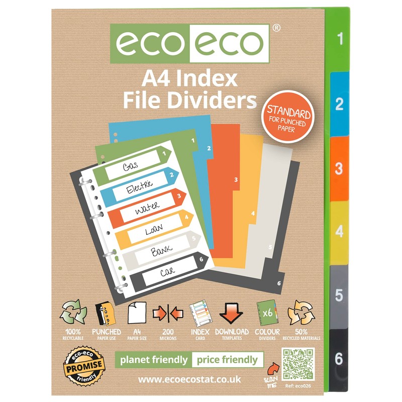 eco-eco A4 50% Recycled Multipunched Reinforced Colour Recycled Set 6