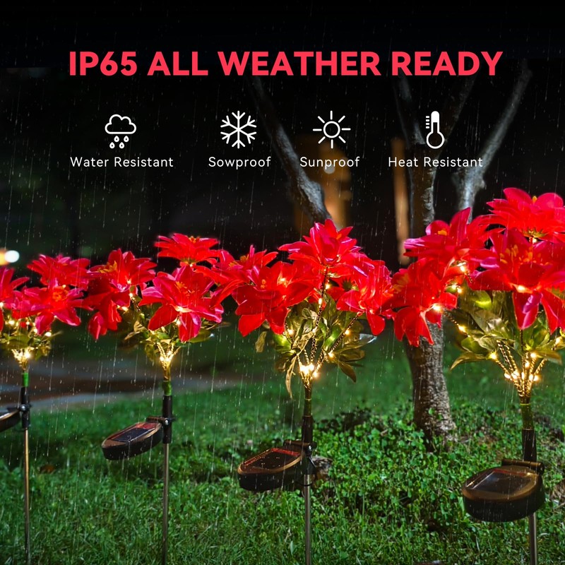 Neporal Solar Flowers Outdoor Waterproof Pink, 4PK 7-Stem Garden Solar