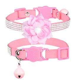 Serijoars Cat Collars,Rhinestone for Girl Cats Bling Kitten Flower Adjustable Breakaway Collar with Bell Soft Velvet Leather Collar for Puppy Small Dogs (Pink1)