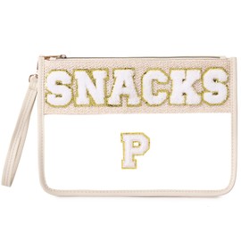 Pinkmik Chenille Letter Clear Zipper Pouch for Travel Clear Snack Bag Letter Makeup Pouch Bag for Women (Snacks-P)