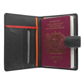VISCONTI Bond Collection ODDJOB Leather Passport Holder with Tab Closure RFID Blocking BD15 Black/Orange/Red