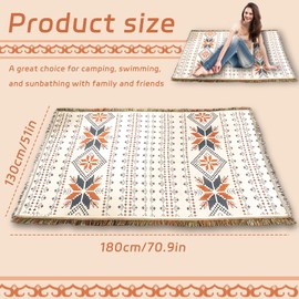 dellyy Boho Picnic Blanket, 180 x 130 cm, Portable Beach Mat, Picnic Blanket, Outdoor, Camping Blanket, Made of Cotton, Boho Camping Blanket, Insulated, Washable, for Indoor, Picnic, Beach, Garden