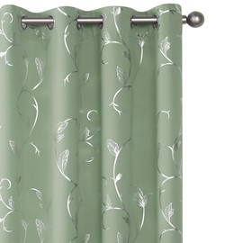 BUHUA Blackout Curtains Silver Foil Print Flower Vine Grommet Drapes, Room Darkening Thermal Insulated Curtains, Noise Reducing Curtain for Bedroom, Sage Green, 52Wx72L, 2 Panels