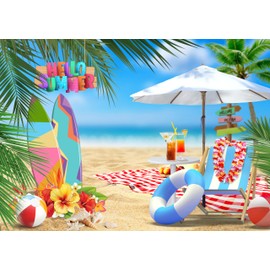 ANKOLLE 7x5ft Hello Summer Hawaiian Beach Backdrop for Photography Tropical Flower Hawaiian Party Decorations Blue Sky Ocean Palm Leaves Background Supplies Background Photo Booth