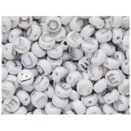 BeadTin White Opaque 10mm Coin Plastic Alpha Beads - Silver Vowel Mix (144pcs)
