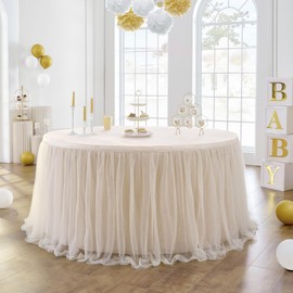 NSSONBEN 72inch Champagne Gold Tulle Table Skirts for Rectangle Round Tables, Gold Grim Ruffle Tulle Tutu Cloth Table Skirt 6ft for Wedding Birthday Party Cake Dessert Decor(No Top Cover)
