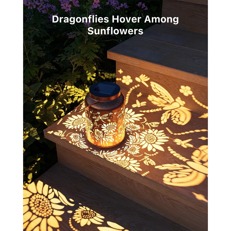Exteriores Solar Power Lantern Hanging Waterproof Dragonfly Sunflower Light