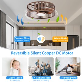 Coolbull Ceiling Fan with Light Remote Control - 20 Inch Farmhouse Low Profile Caged Ceiling Fan, Bladeless, 6 Speeds, Reversible, Rustic Small Flush Mount Fandelier for Bedroom Kitchen