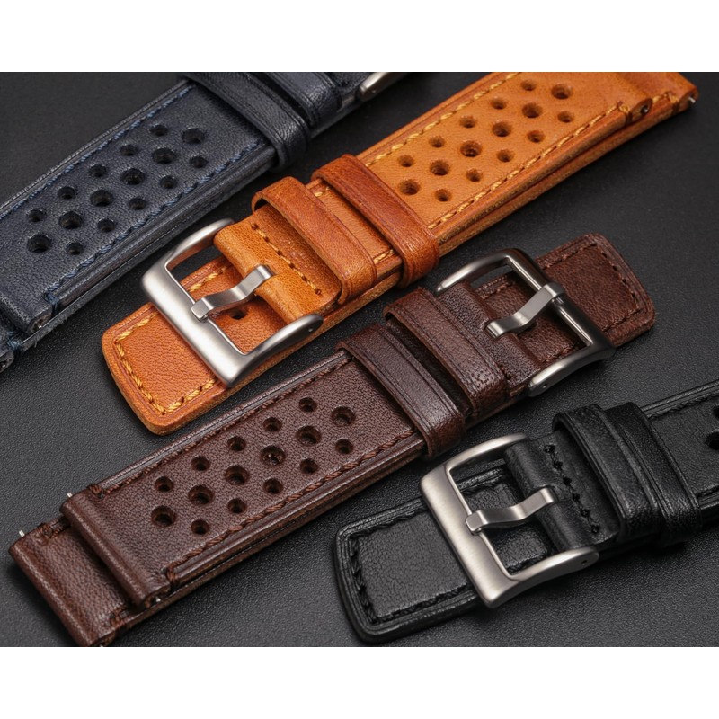 [hemsut h] Genuine Leather Watch Band, Perforated Design, Soft and