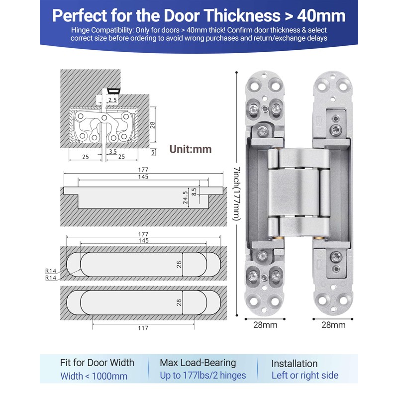 Invisible Door Hinges (2 pcs) -7 Inch Sliver Hidden Hinges